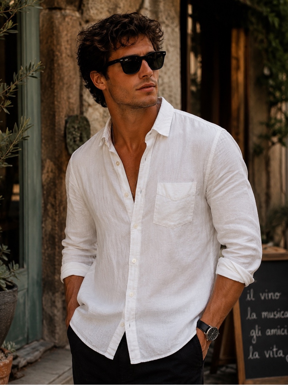 Marc Anthony Luxury Slim Fit White Linen/Cotton Button Down Shirt